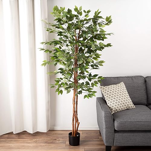 Ficus - Árbol artificial de seda sintética en maceta de 80 pulgadas con hojas de aspecto natural para decoración de oficina o hogar, plantas de