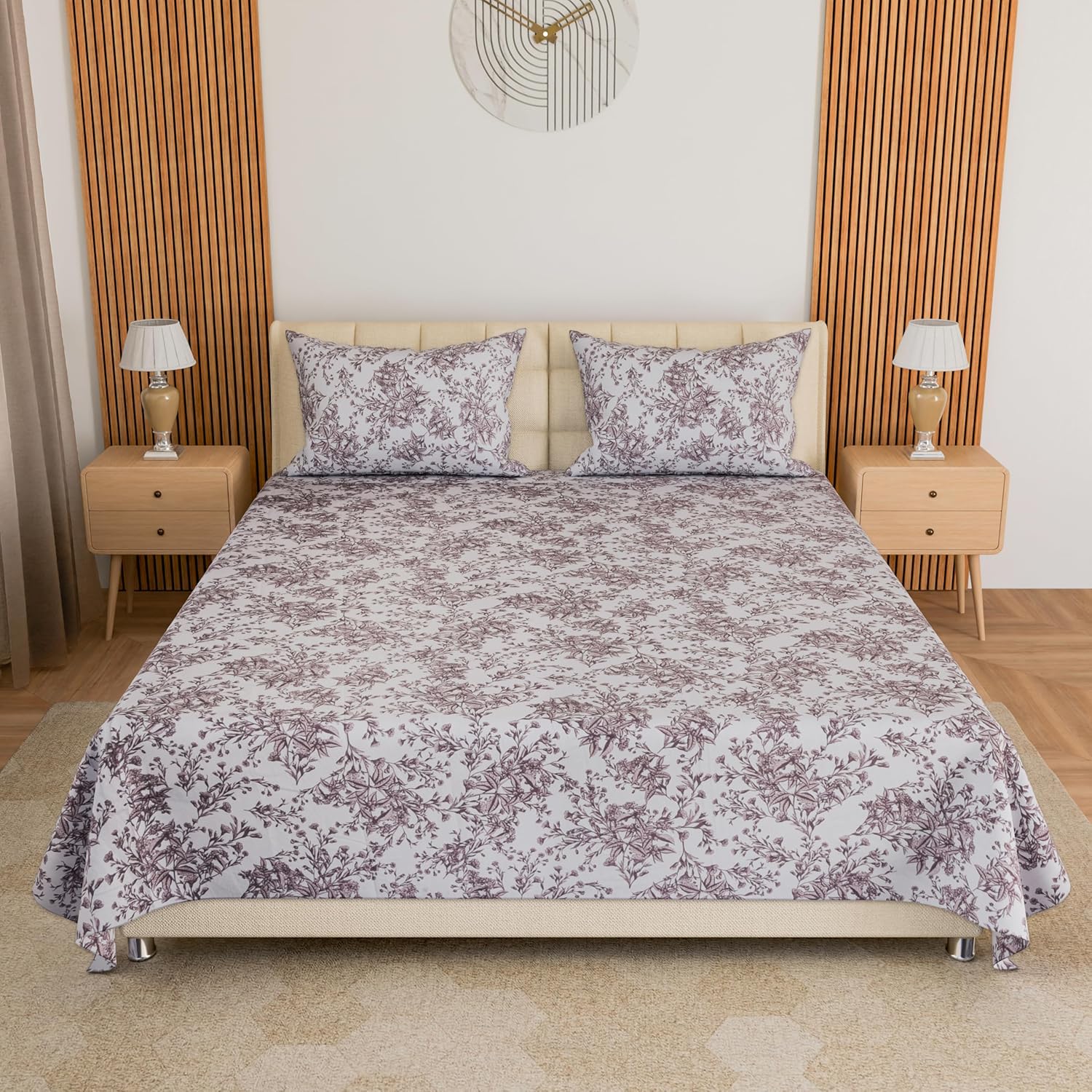 LINENWALAS 100% Cotton Twill Double Size Bedsheet with 2 Pillowcovers | Soft, Breathable & Floral Printed Bedsheet for Double Bed |300 TC | Wrinkle-Resistant,Fade-Proof (229 x 254 CM,Brown Botanical)