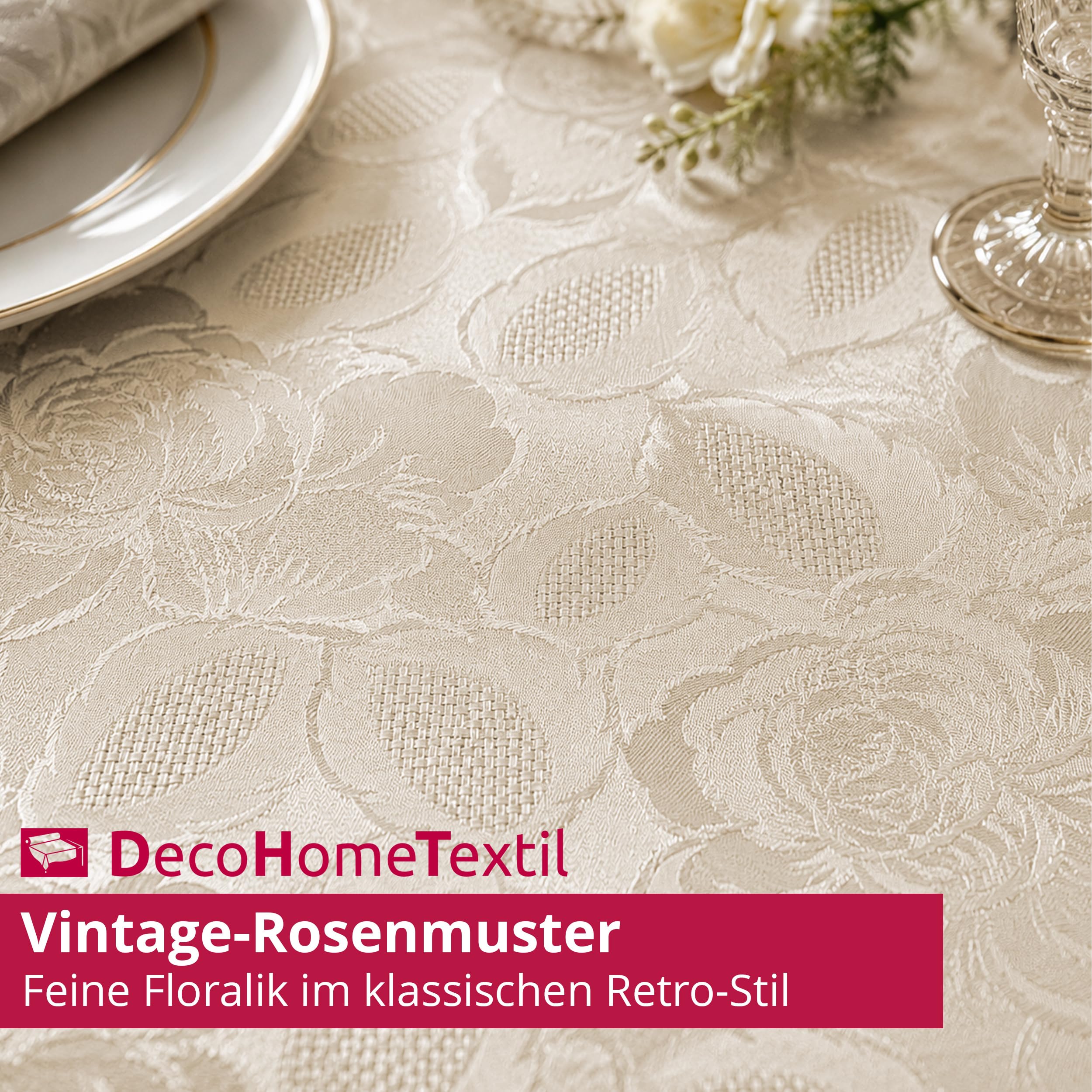 DecoHomeTextil Retro Tischdecke Rosalia mit feinem Rosenmuster – Für eine warme, Elegante Tischatmosphäre, Rechteckig 160 x 320 cm Champagner, der Klassiker