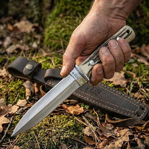 Miniatura 4 de Joker Cuchillo de montaña Full Tang CC43 Lince, hoja MOVA de 6,1 pulgadas, mango de asta de ciervo, funda de cuero marrón, herramienta de pesca,