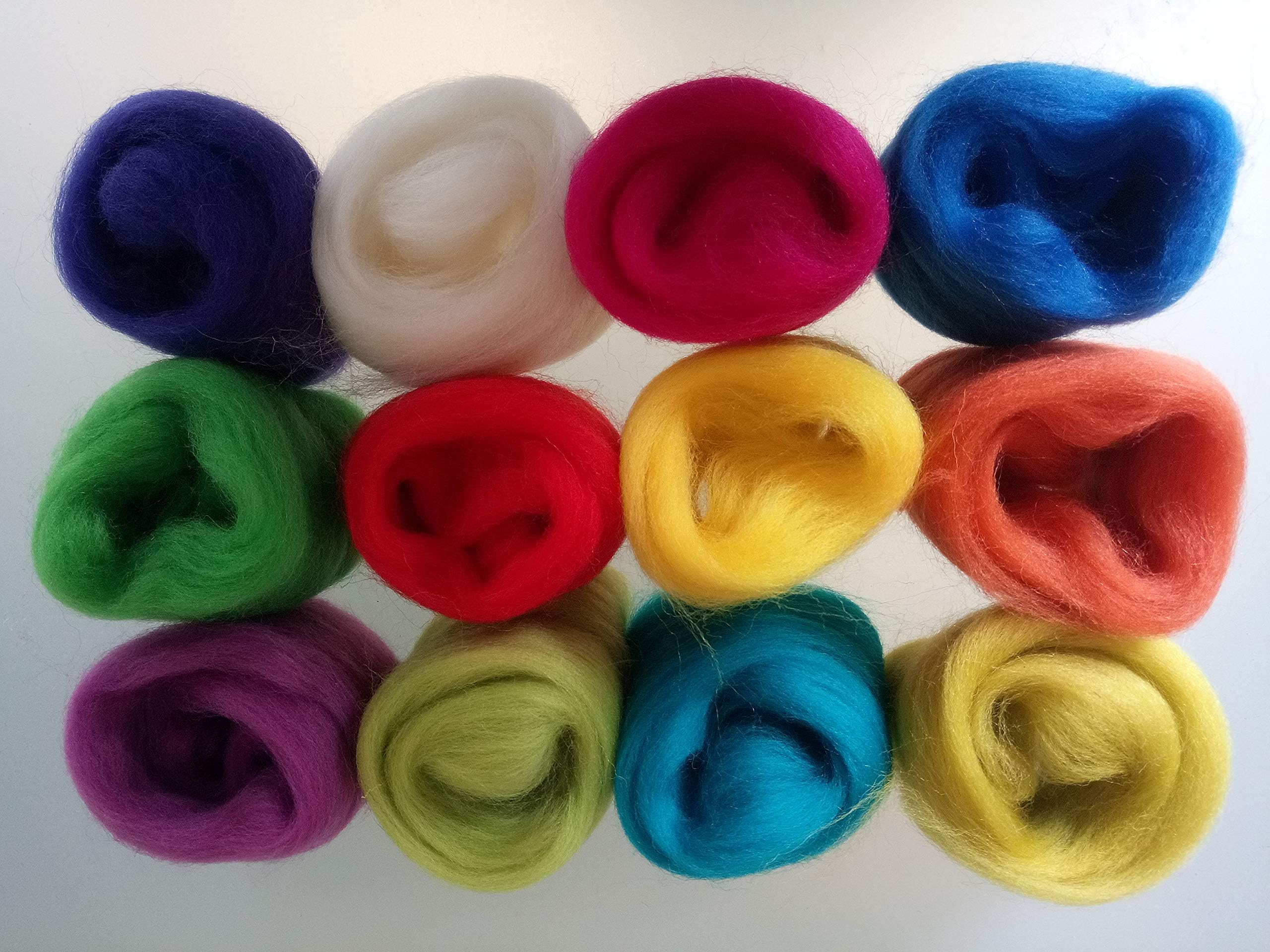 Assorted Merino Wool Roving Tops Pack โ 60 g, 12 Colours for Needle Felting, Wet Felting and Spinning (Set G)