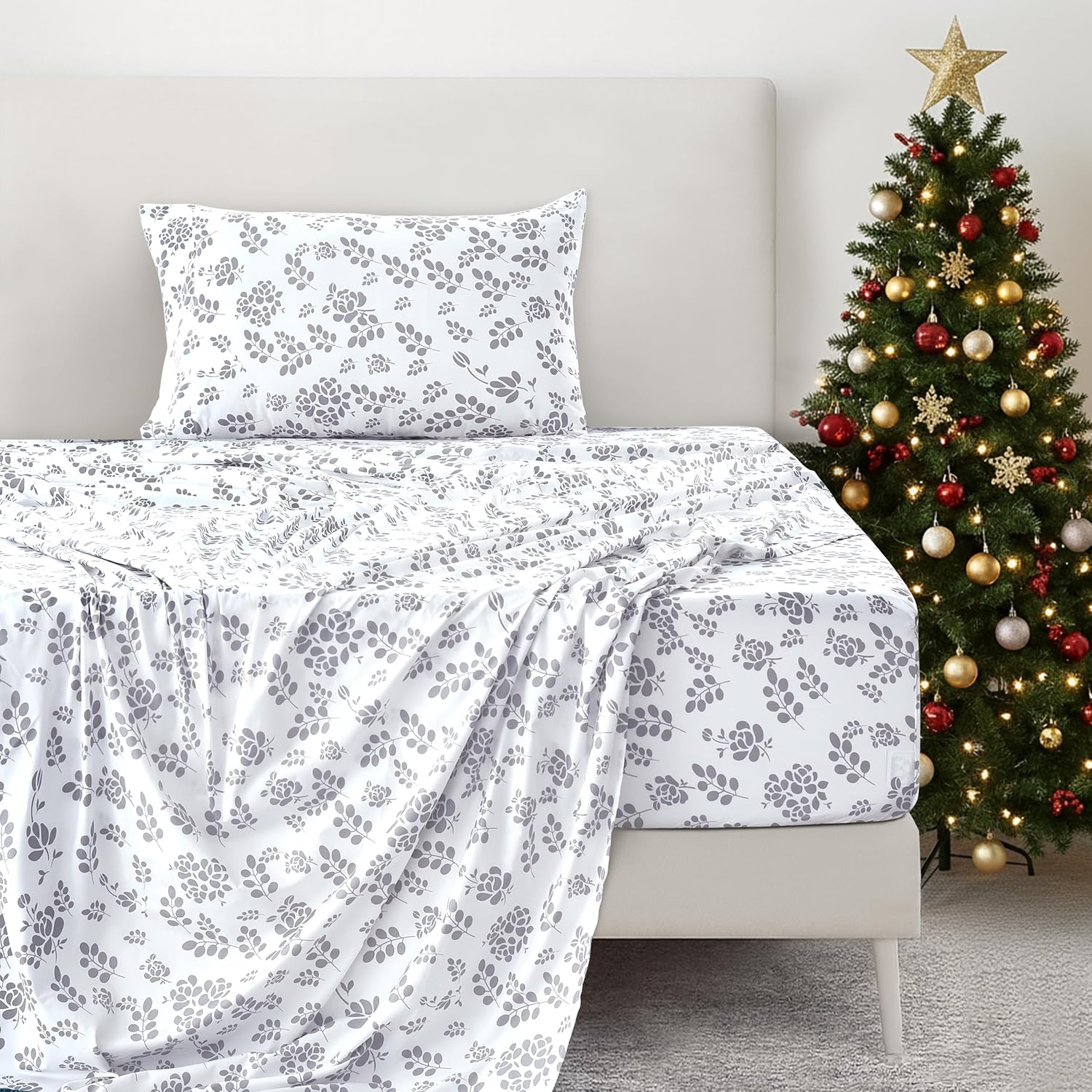 LUX Décor Floral Twin Sheet Set - 3 Piece Ultra-Soft Microfiber Bed Sheets with Flat Sheet, 16 Inches Deep Pocket Fitted Sheet & Pillowcases, Breathable, Bedroom Decor, Oeko-TEX - White Grey - Image 9