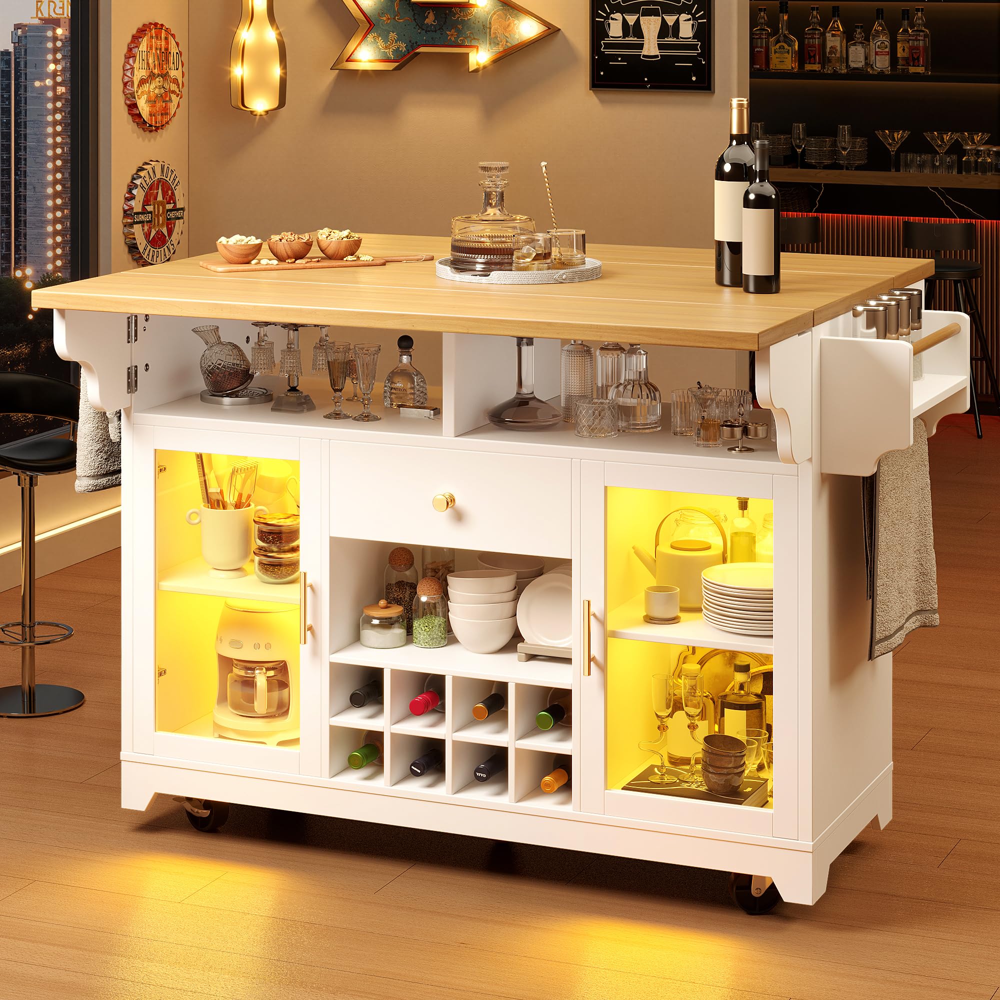 Isola da cucina, carrello da portata con illuminazione LED RGB, piano del tavolo pieghevole su entrambi i lati, carrello da cucina con ripiani regolabili e portabottiglie mobile, per cucina e