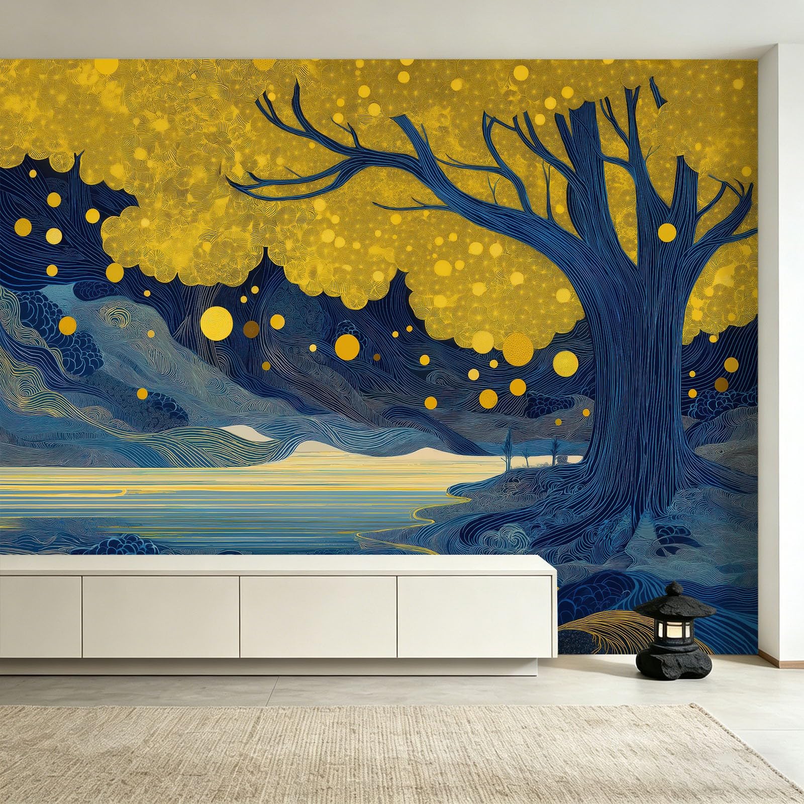 Carta da parati fotografica con grande albero a pois fiume 350 x 256 cm (larghezza x altezza), in tessuto non tessuto, illustrazione fantasia, per cucina, sala da pranzo, ufficio, carta da parati