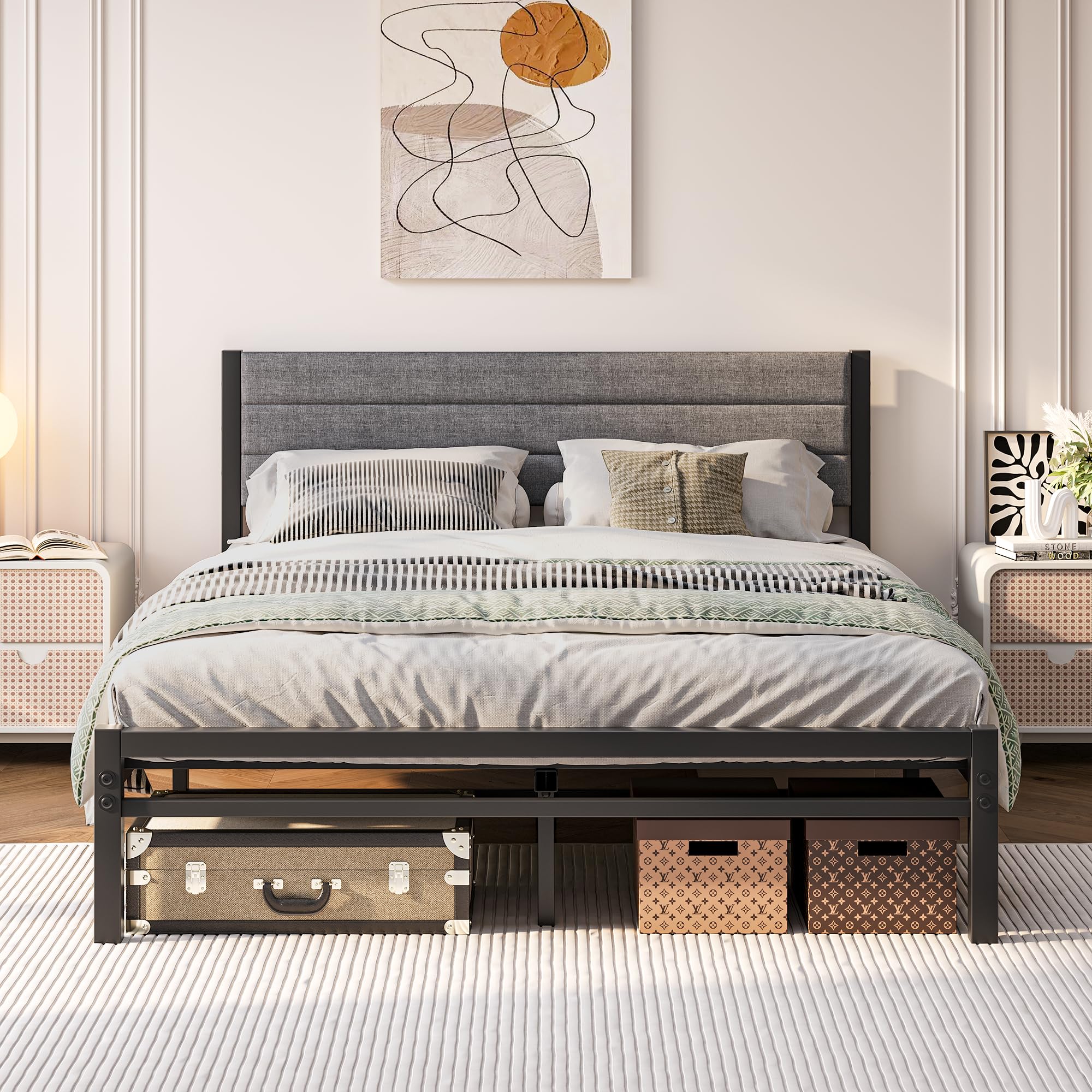 JUISSANO Bett 140x200 mit Lattenrost,Metallbett Bettgestell aus Metall,Polsterbett 140x200 cm Doppelbett,Bettrahmen mit Kopfteil,Gästebett Kein Boxspringbett Erforderlich,Einfache Montage,Grau