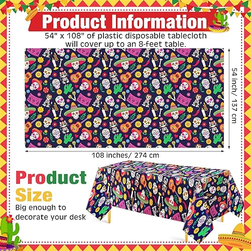 Miniatura 2 de Newwiee Mantel de fiesta mexicana de 3 piezas, 54 x 108 pulgadas, mantel de plástico estampado de Cinco de Mayo, mantel desechable con temática