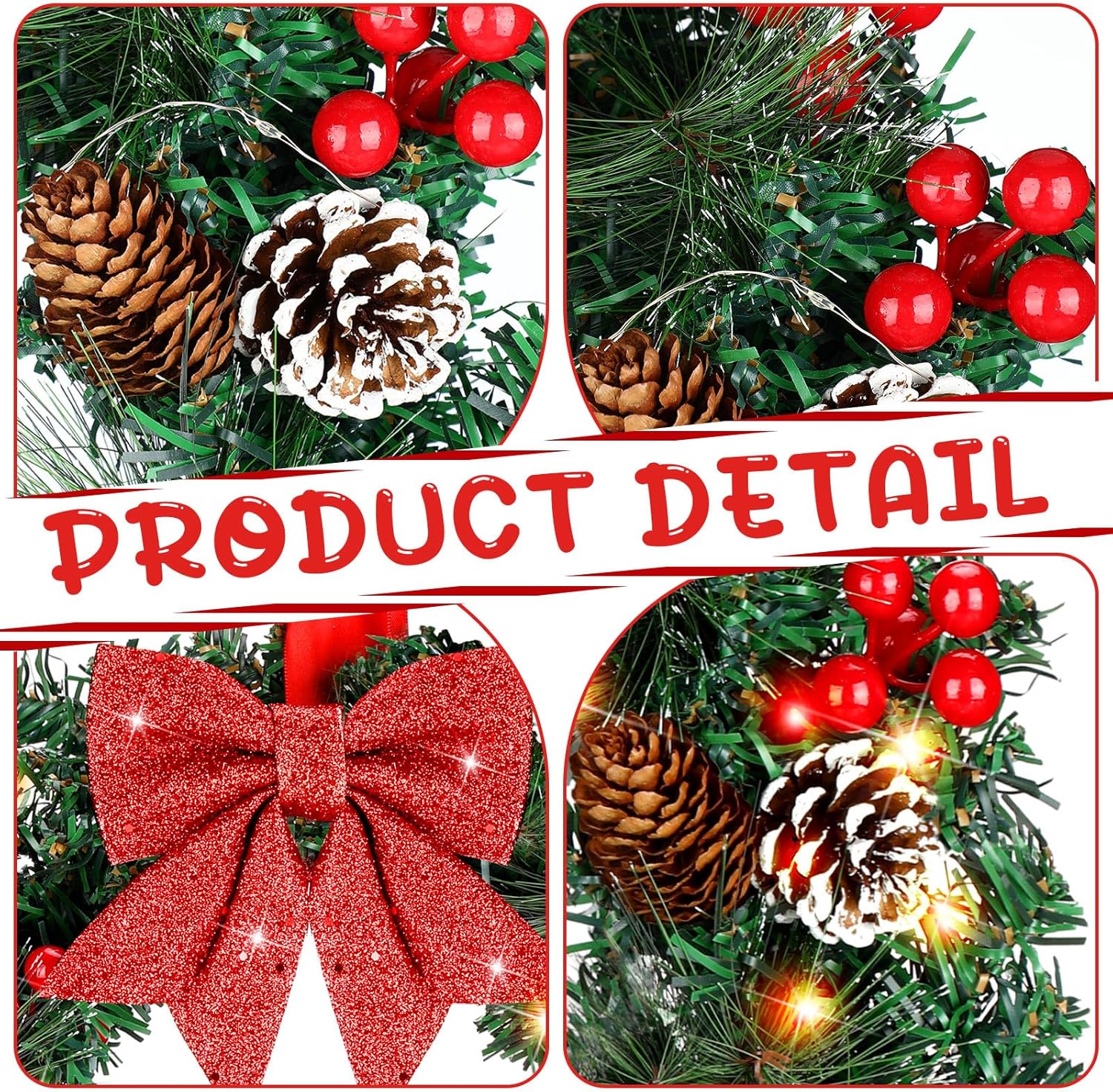 VIHOSE 4 Pcs Christmas Wreath for Kitchen Cabinet 13'' Mini Christmas Wreath with LED Light Bow Pine Cones Pine Needle Artificial Hanging Garlands for Xmas Holiday Party Decoration Battery Operated