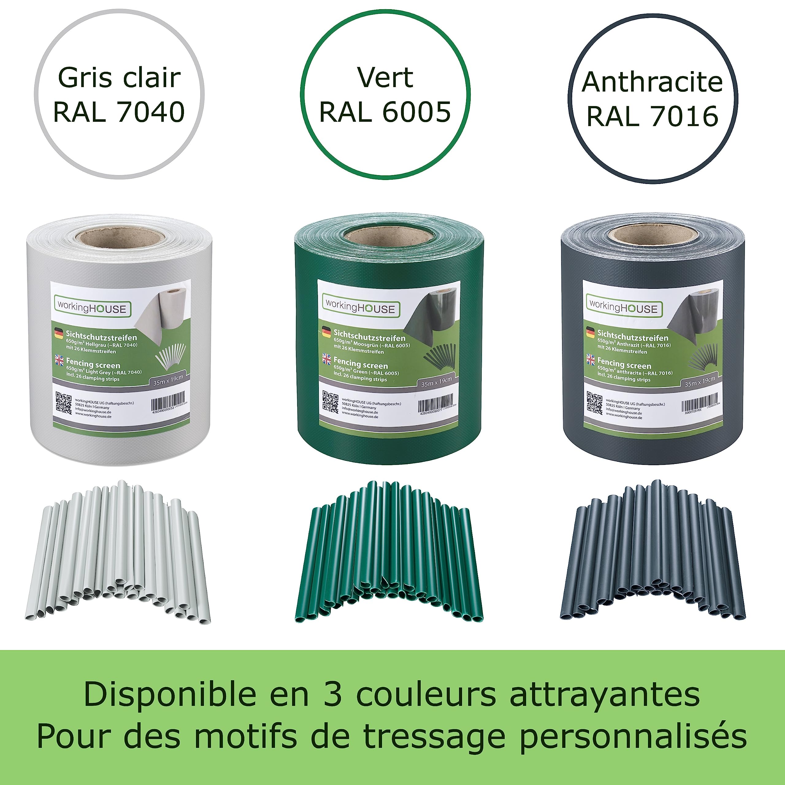 PVC WorkingHOUSE Brise-Vue pour Clôture Double Barre 650g/m² 35 m x 19 cm, Brise-Vue de Clôture, Décoration de Jardin, Résistant aux Intempéries, Sans Entretien