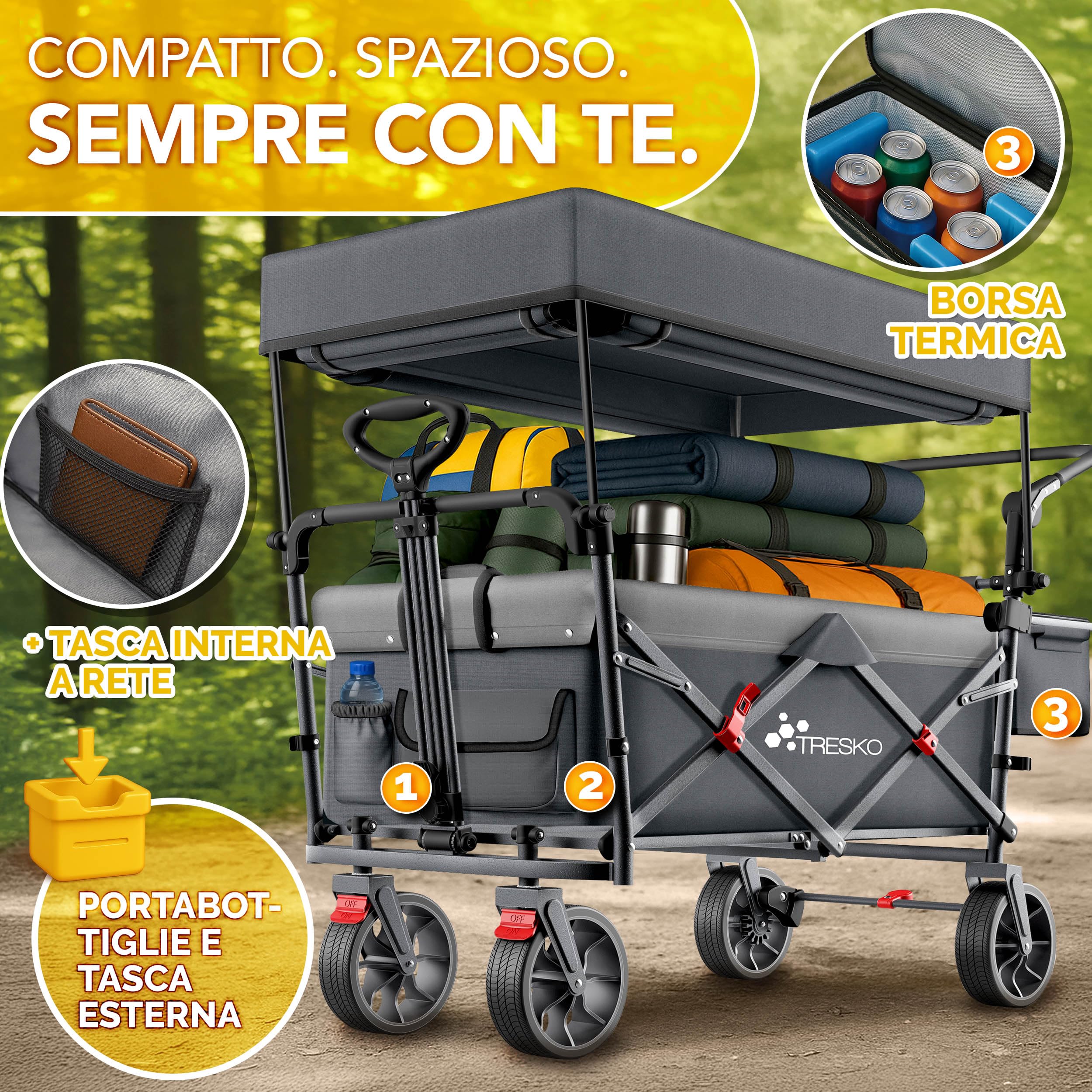 TRESKO® Carrello pieghevole con tetto, vano frigorifero e tapparelle laterali, portata massima fino a 150 kg, carrello di trasporto con pneumatici in gomma e freni di stazionamento
