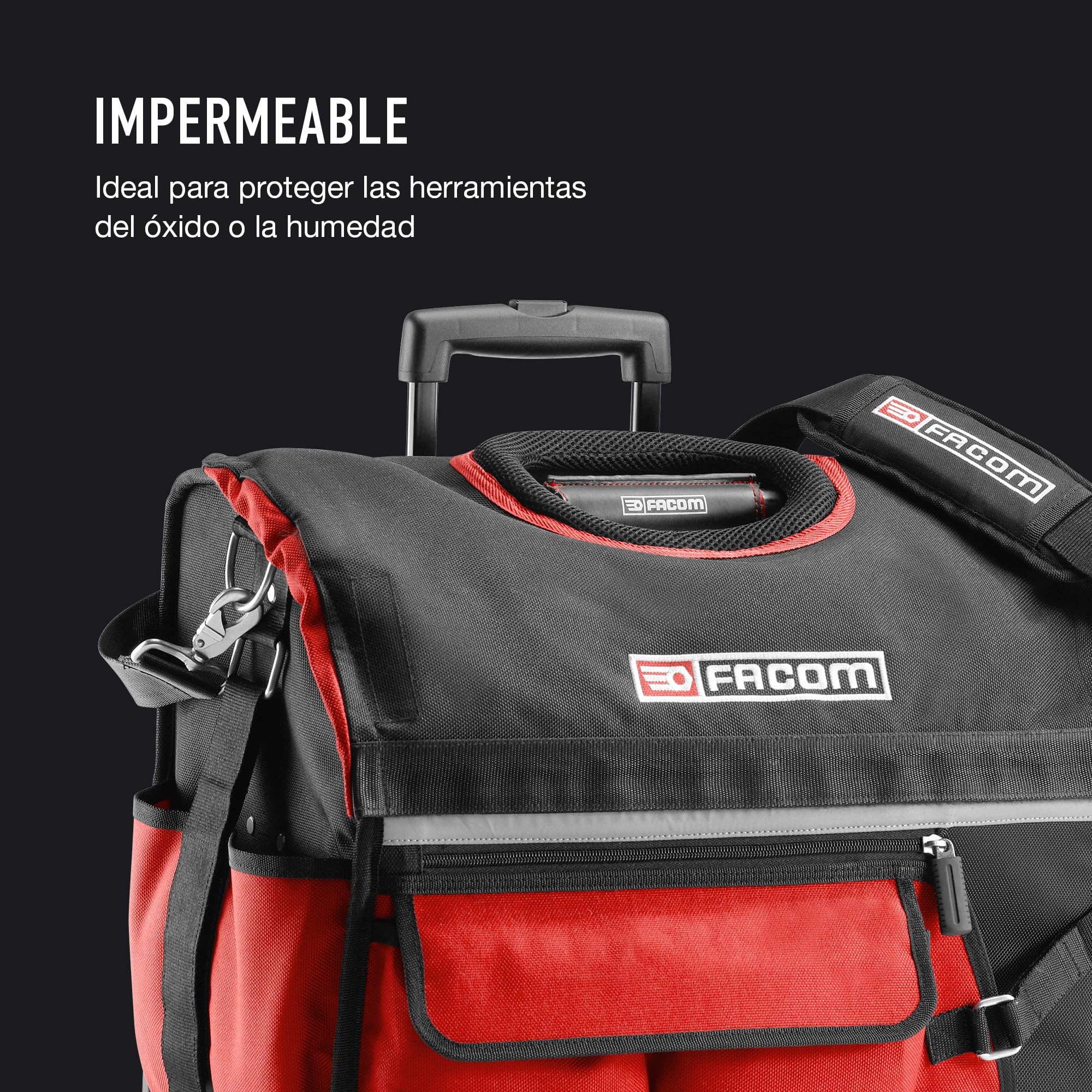 FACOM - Bolsa Portaherramientas Téxtil con Ruedas PROBAG, Compacta 14'', Organización Eficaz, 6 Bolsillos Externos, Acceso Inmediato, 33L de Capacidad, Ruedas de 90mm, Empuñadura Telescópica, BS.R20PB
