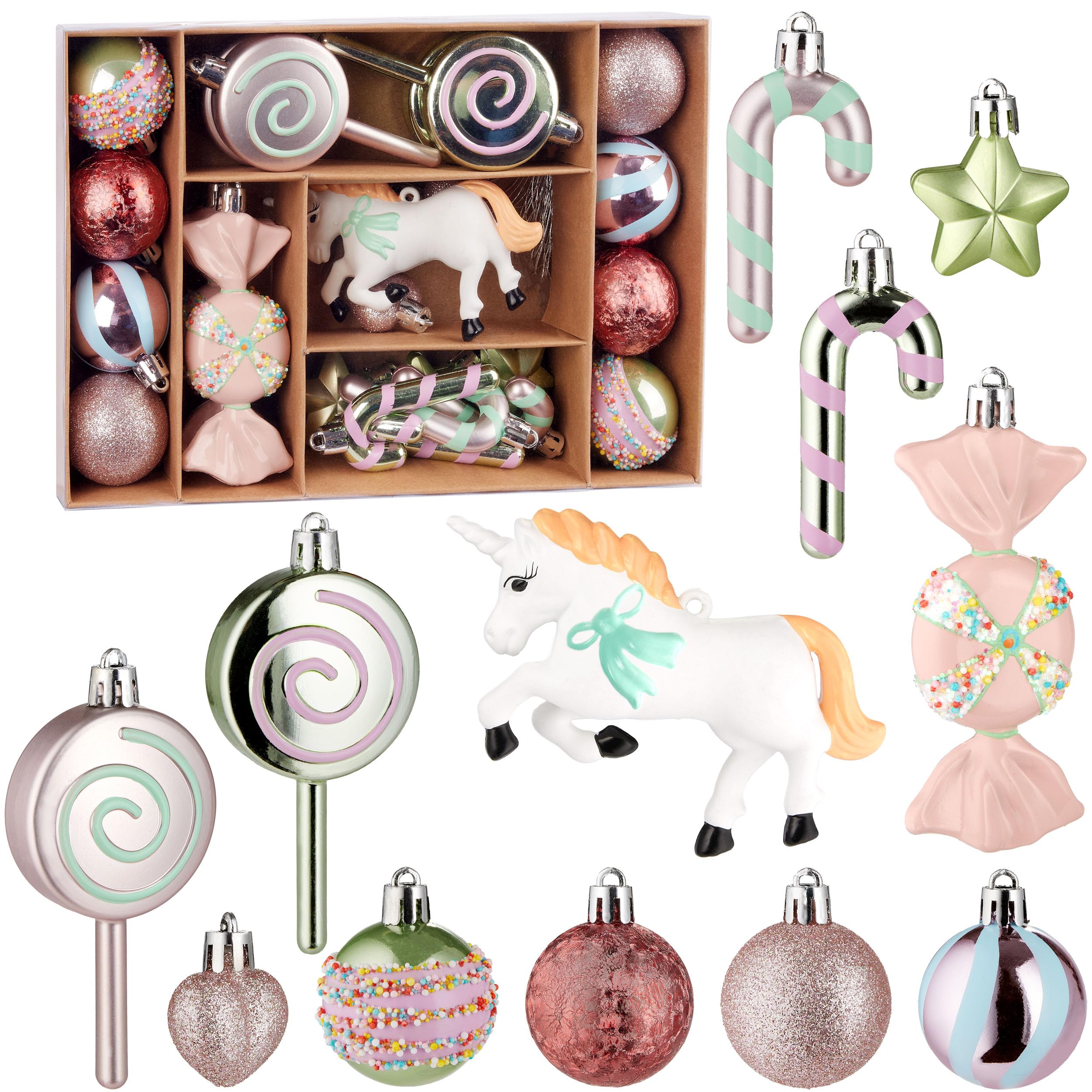 Brubaker Women's Unicorn - Pink And Colourful 24 Pieces Unicorn Christmas Tree Decorations - Sweet Christmas Bauble Set With Lollipops, Sweets, Candy Canes And Colourful Balls In Pastel Colours - Tree Decorations For And Girls