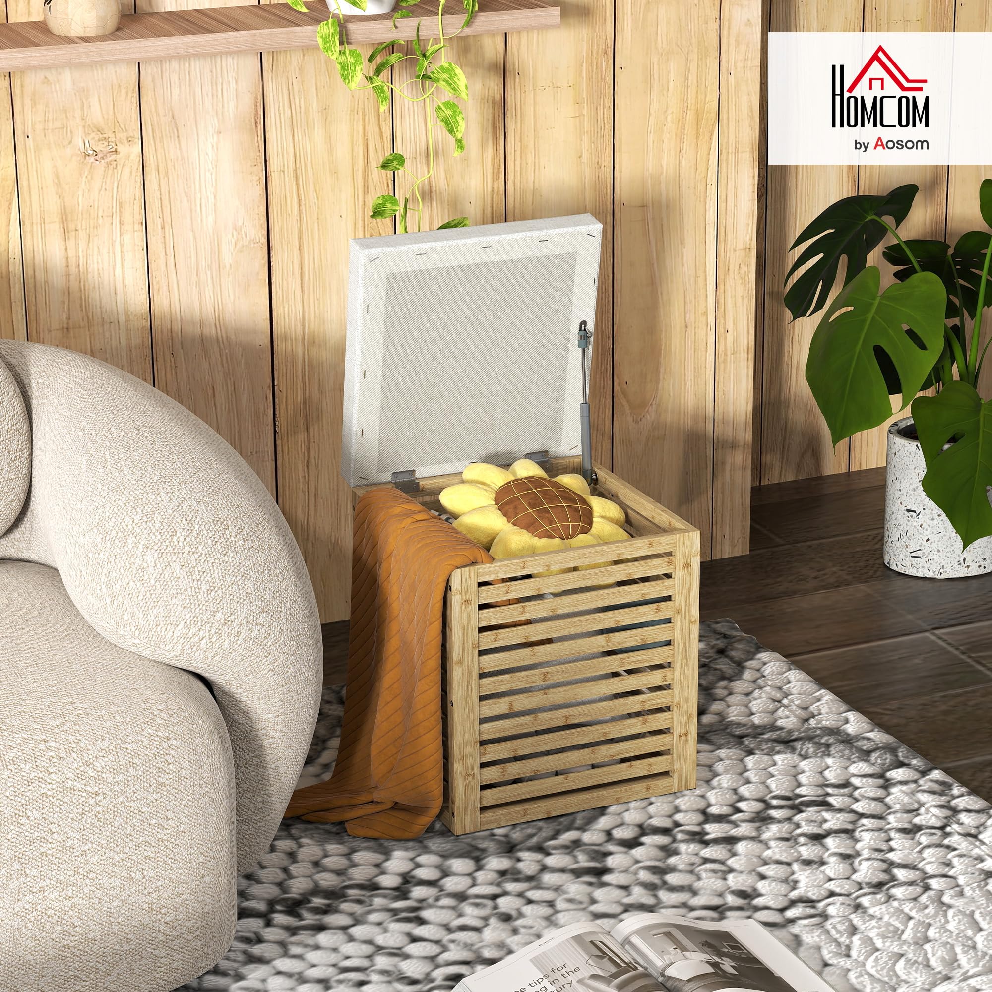 HOMCOM Baúl de Almacenaje para Dormitorio 54,7L Taburete de Almacenaje Tapizado en Lino Sintético con Cojín Marco de Bambú para Entrada Salón 40x40x47 cm Gris y Natural