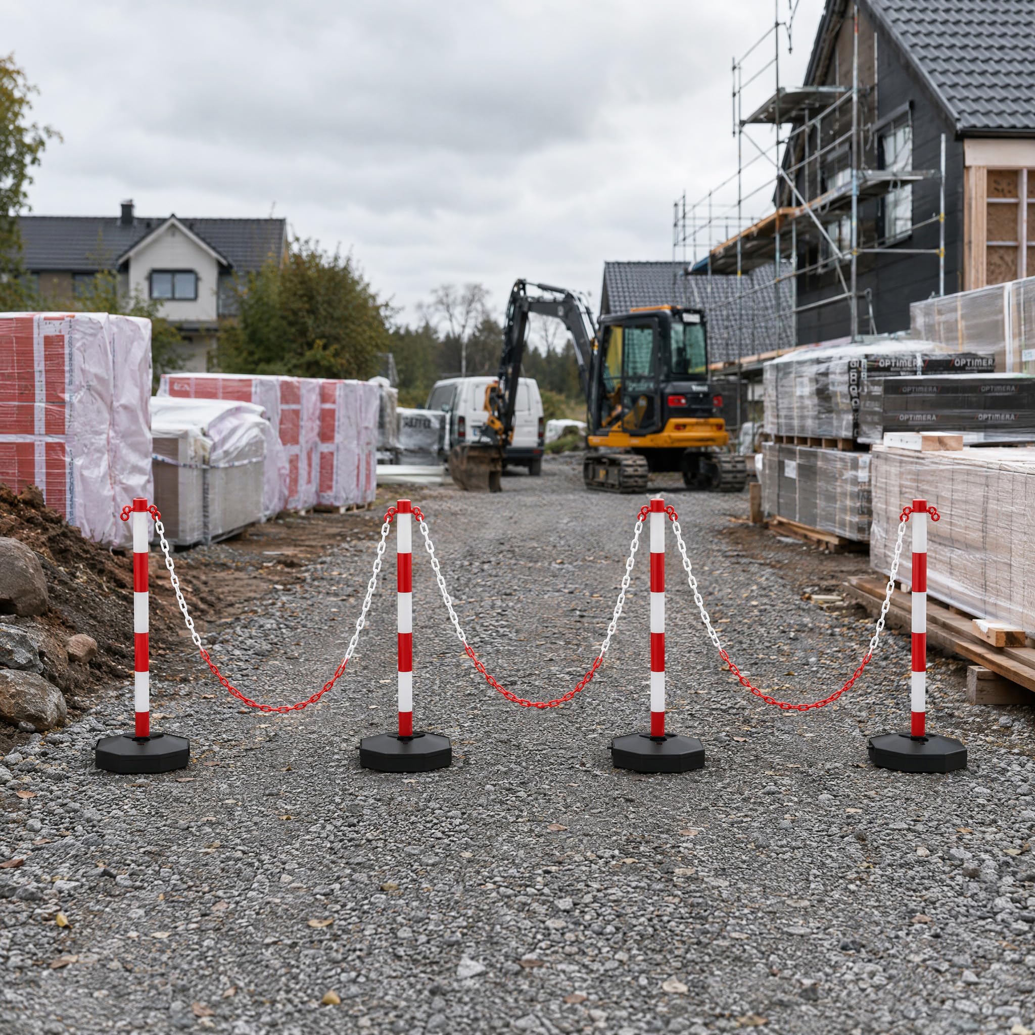 Aufun 4 sztuki słupków odcinających z łańcuchem, słupki łańcuchowe z tworzywa sztucznego z możliwością napełnienia podstawą i paskami odblaskowymi, łańcuch z tworzywa sztucznego 1,4 m w zestawie, 82 x