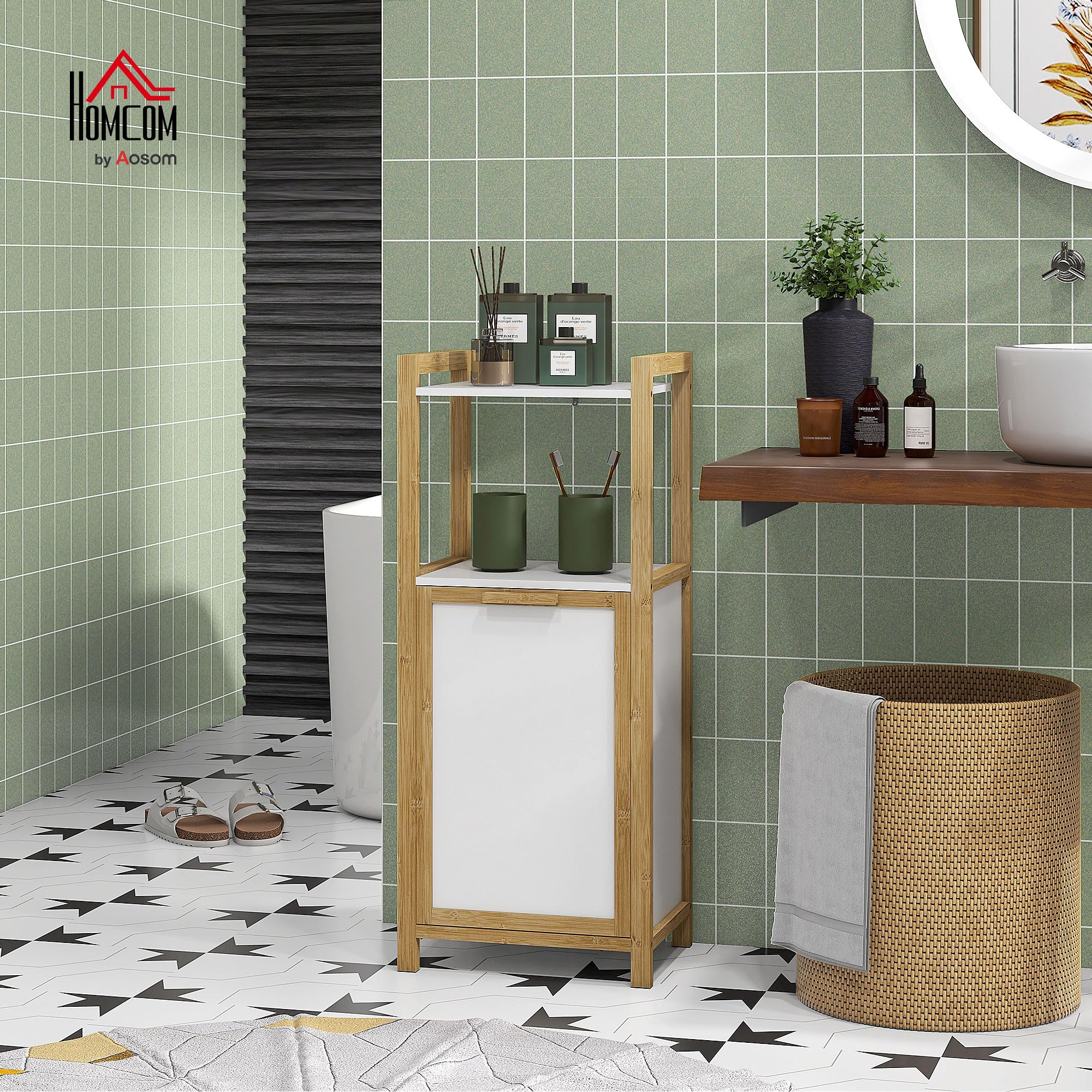HOMCOM Standschrank aus Bambus mit Wäschekorb, 40 x 30 x 86,5 cm