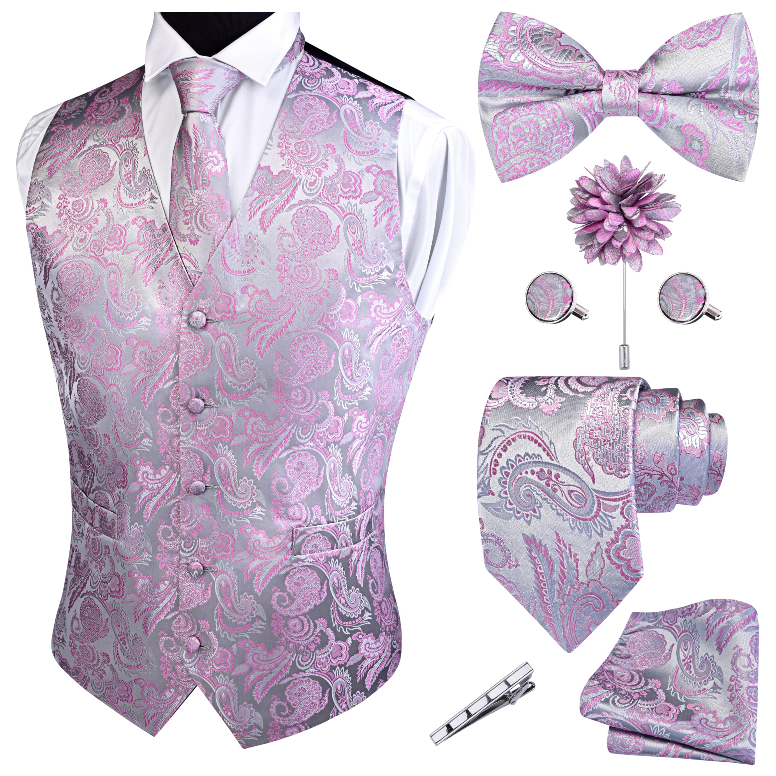 GUSLESON Formal Men Vest Paisley Floral Jacquard Tie Waistcoat Bow tie Hanky Lapel Pin Cufflinks Set Wedding 7PCS