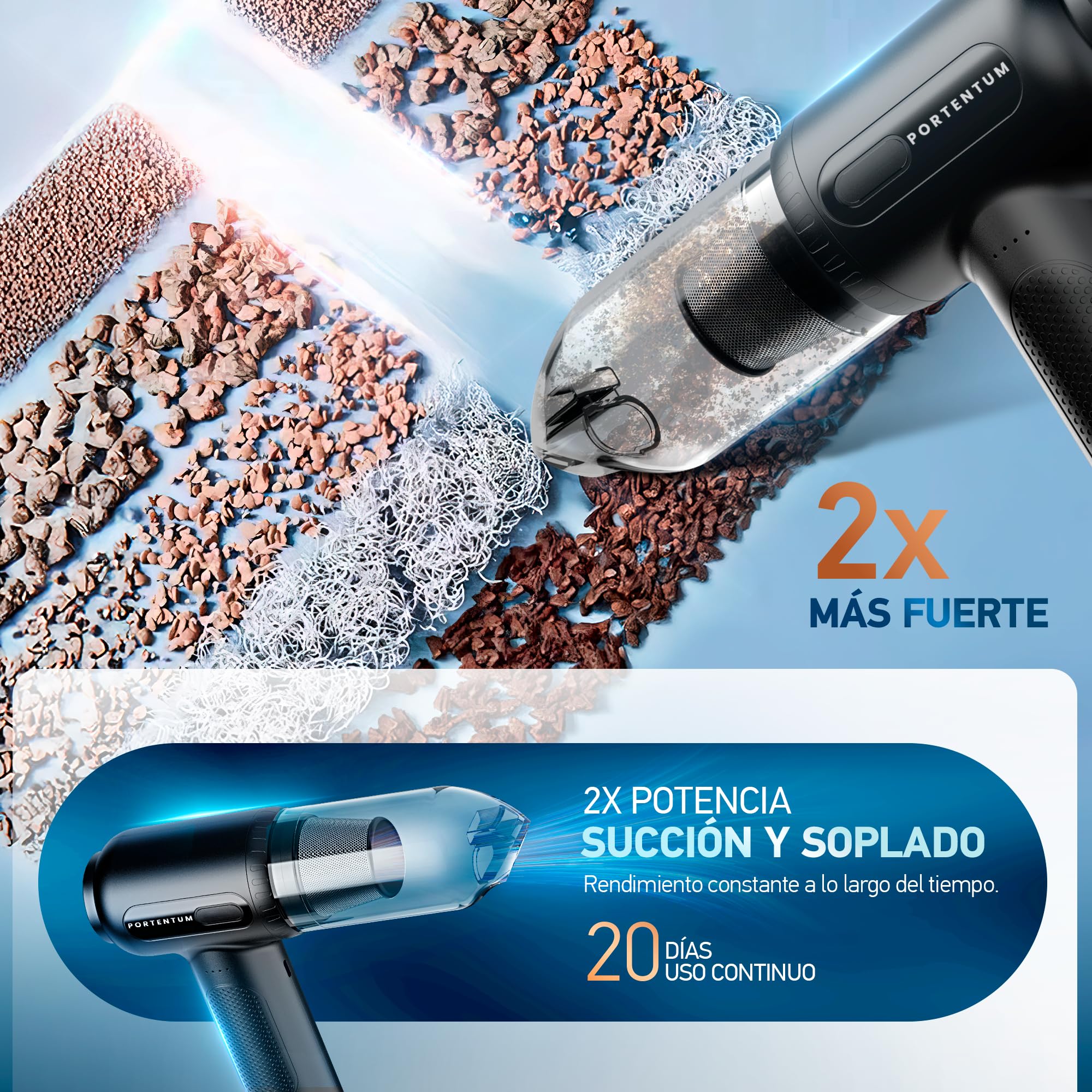 PORTENTUM 2 en 1 Aspirador de Mano Potente y soplador Aire comprimido, con batería, 3 velocidades y Bolsa de almacenaje. Aire comprimido Limpieza pc, sofá, Mascotas, Coche