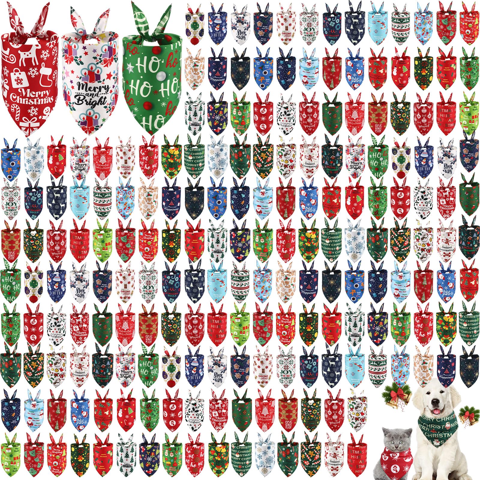 Kacctyen 200 pañuelos de Navidad para perros a granel para peluqueros de invierno, bandanas triangulares con patrones de Navidad, bufanda suave y ajustable para perros pequeños, medianos y grandes,