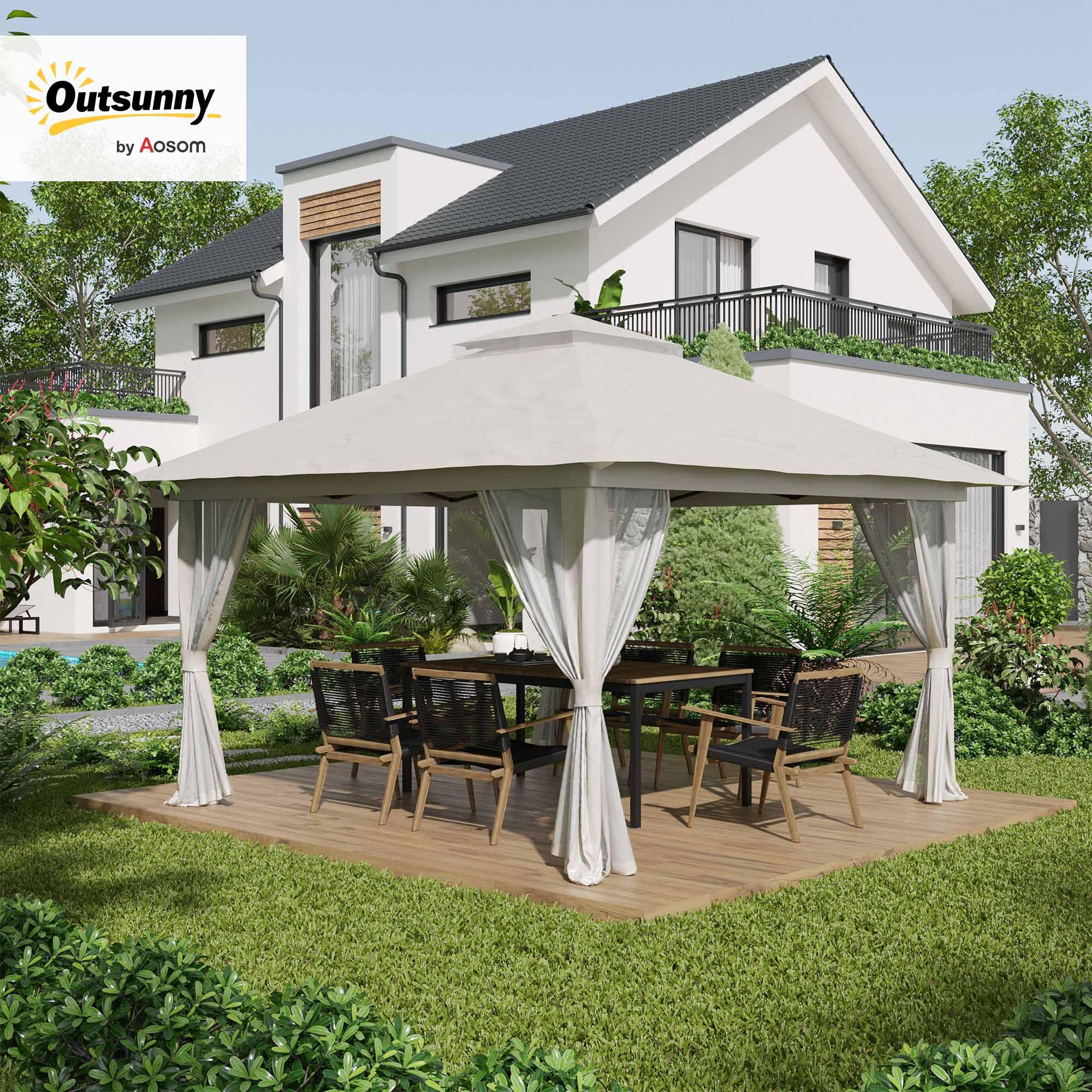 Outsunny Gazebo Pieghevole Pop Up 4x4 m ad Altezza Regolabile a 3 Livelli, Gazebo Esterno con Zanzariera, Sacchi di Sabbia, Borsa da Trasporto, UV50+, per Giardino Campeggio Feste, Crema