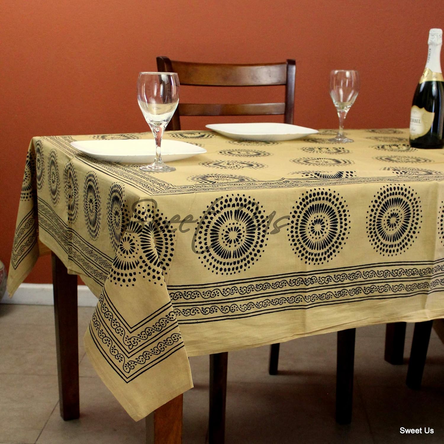 India Arts Cotton Floral Geometric Circle Print Tablecloth Rectangular 60 x 90 inches Off-White/Ivory