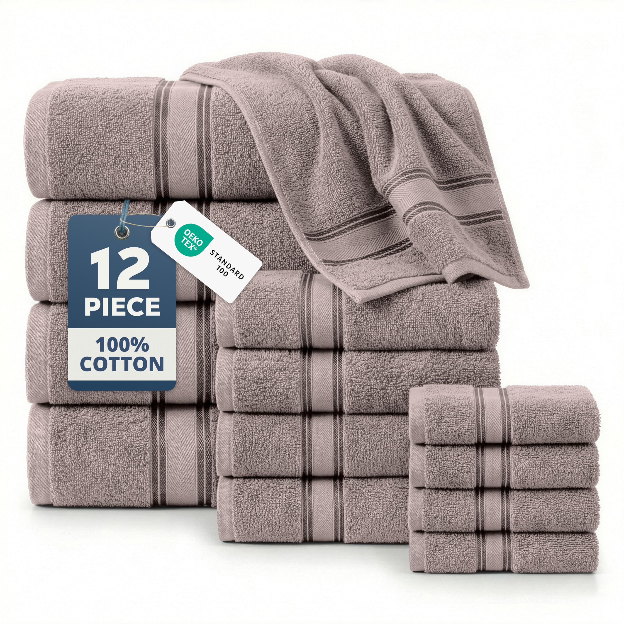 100% Mercerized Cotton Bath Towel Set of 12 – Zero Twist Shower Towels, 4 Bath, 4 Hand Towel & 4 Washcloths, Quick-Dry, Luxuriously Soft & Durable, Perfect for Everyday use – Platinum