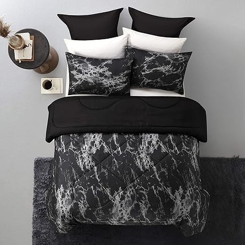 Miniatura 3 de Juego de edredón de lujo 2024, patrón de mármol negro, añade un toque de lujo a tu cama, ropa de cama reversible de microfibra para todas las