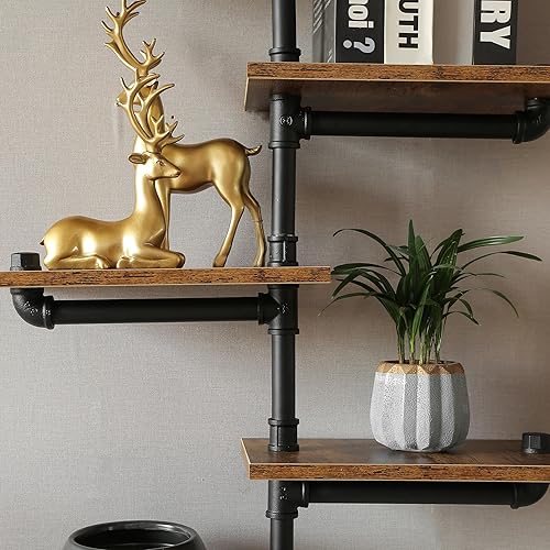 Miniatura 5 de Estantería de tubería industrial, estantes de tubería con tablones de madera, estantes flotantes de esquina montados en la pared, estante industrial