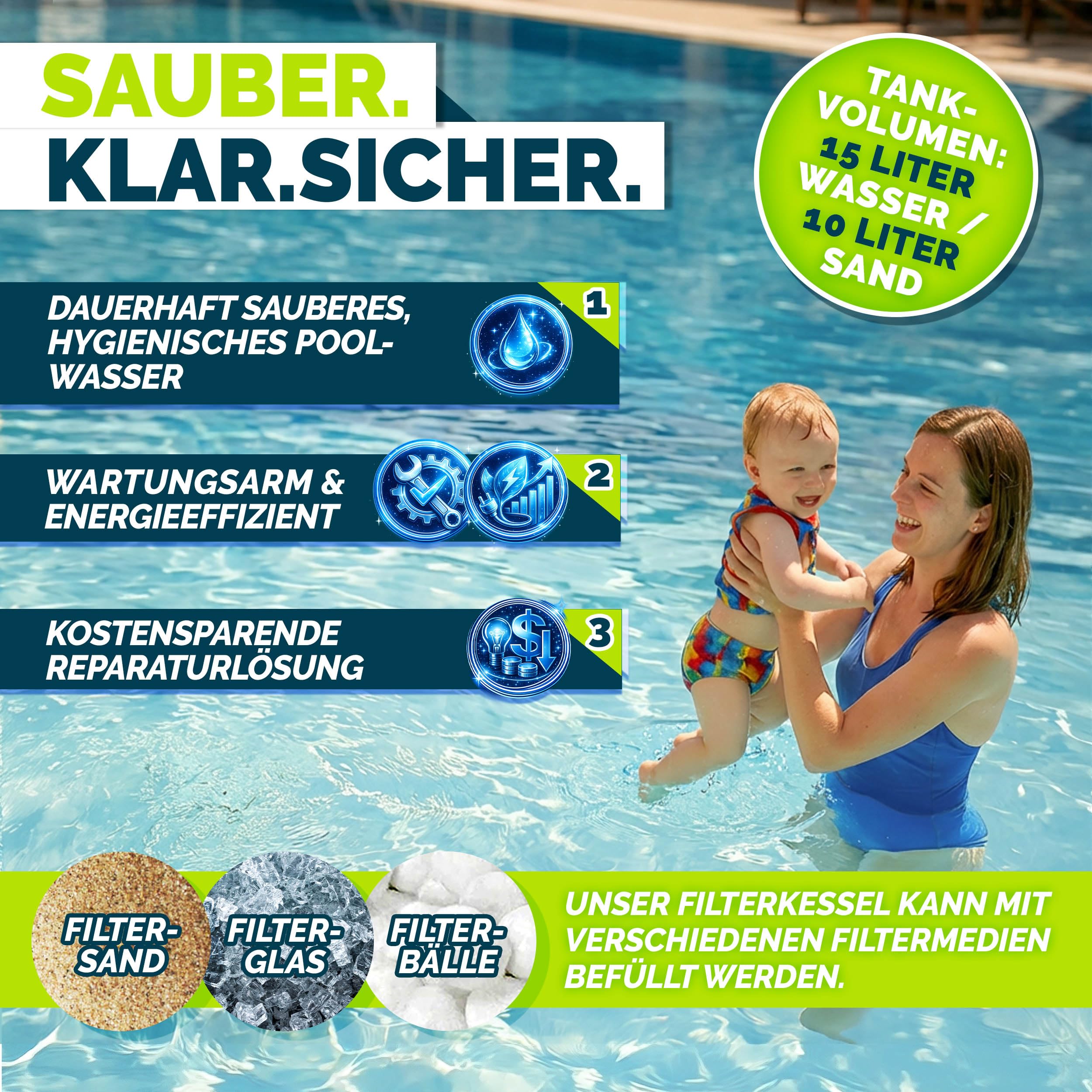 tillvex® Sandfilter Pool ohne Pumpe + Filterbälle | Filterkessel Poolfilter inkl. Adapter Ø32-38mm | Sandfilterkessel + 7-Wege-Ventil, Manometer & Saugschlauch (Blau, Bis 21 m³ (21.000 Liter) Pools)