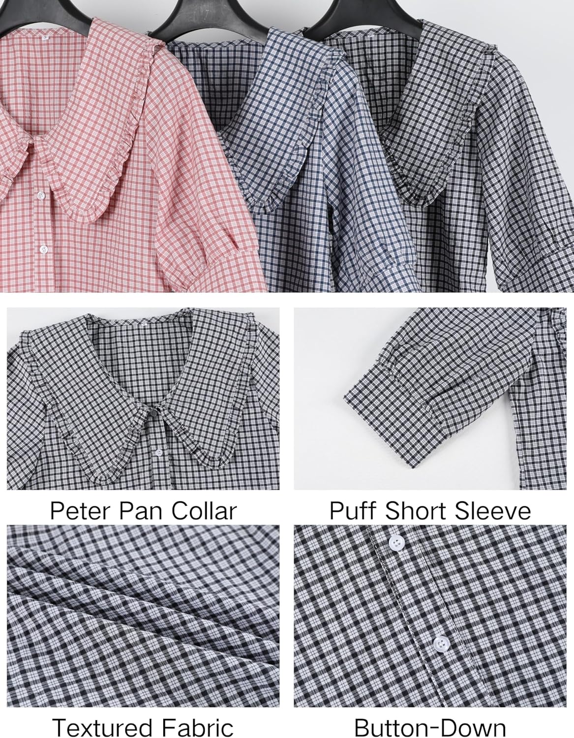 Daacee Women’s Plaid Blouse Oversized Ruffle Collar V Neck Puff Sleeve Button Down Plaid Shirts Trendy Gingham Tops - Image 5