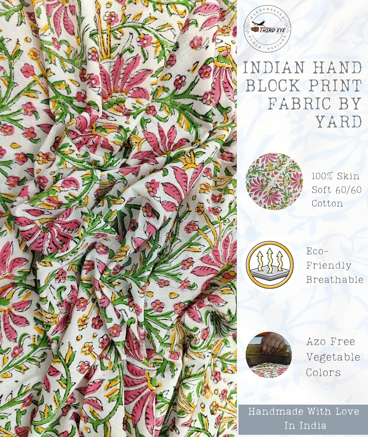 Indian Hand Block Print 60/60 100% Cotton Fabric by The Yard, Lightweight Floral Quilting & Sewing Fabric for Dressmaking, Upholstery & DIY Craft (RB-135 Green, 5 Yard Pre Cut)