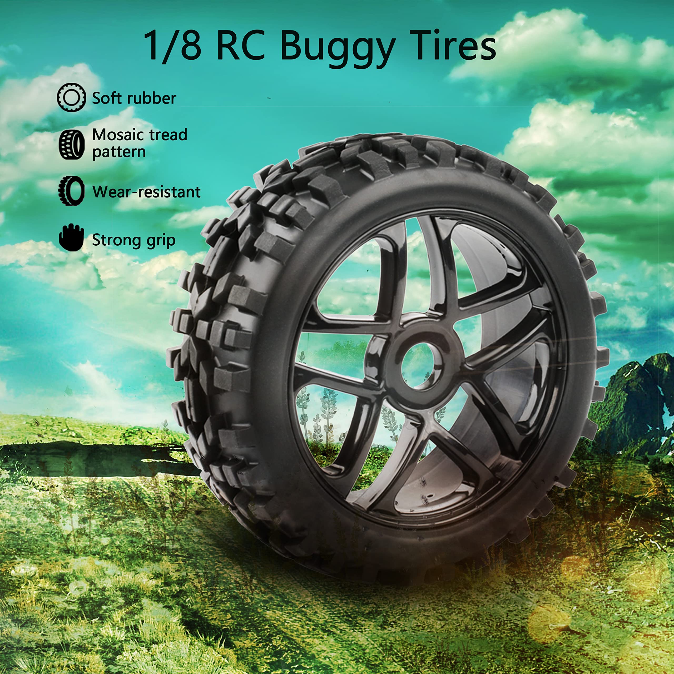 Rchobbytop 1:8 RC Buggy Tires & Wheels Set – 17mm Hex, 5-Spoke Rims With Adapters, For Off-Road, Sand, Snow, All Terrain, Red - View #2