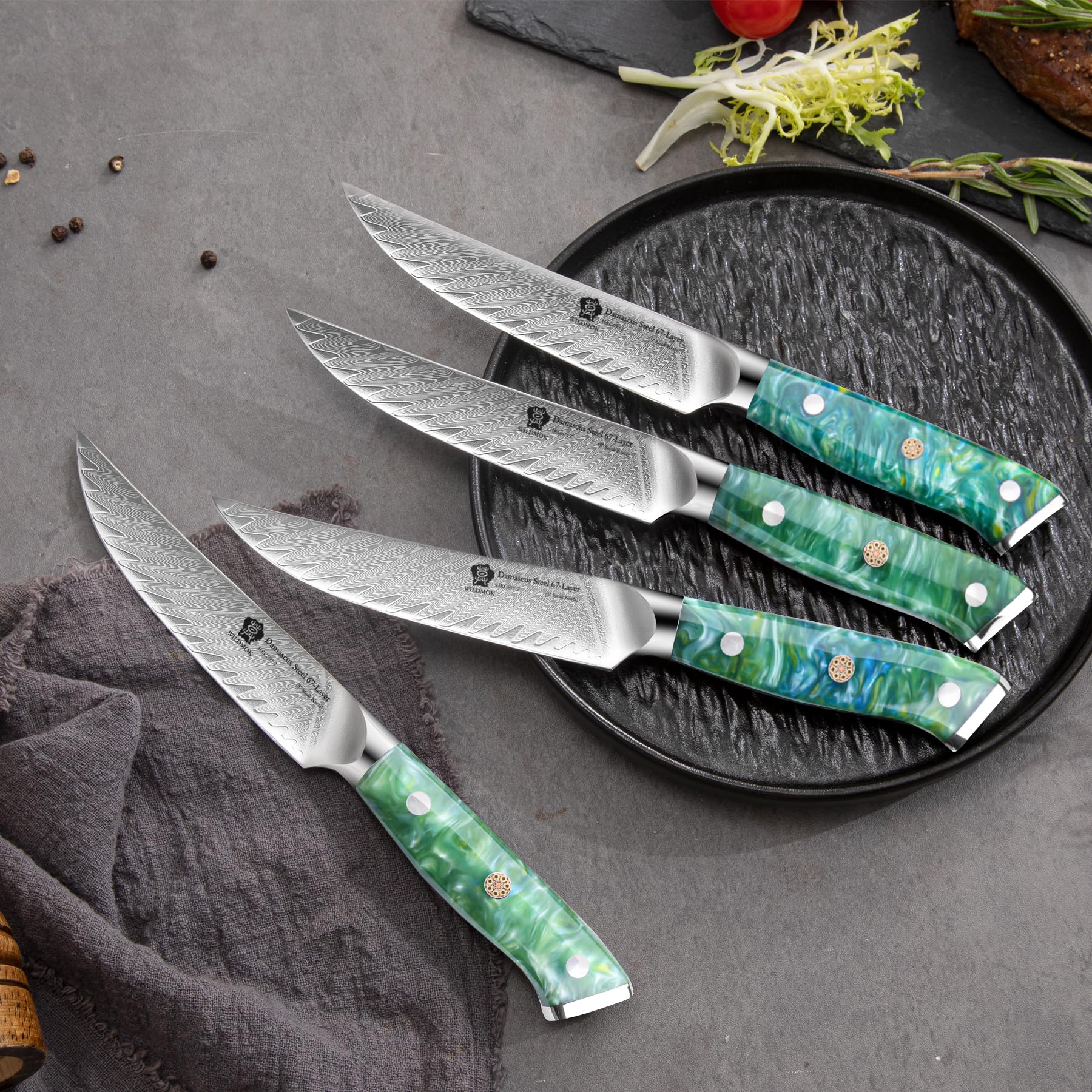 WILDMOK Steakmesser, 13cm nicht gezahnt, Steakmesser-Set mit 4 Stück, Steakmesser aus japanischem Damaststahl VG10, Premium-Steakmesser-Set mit Geschenkbox