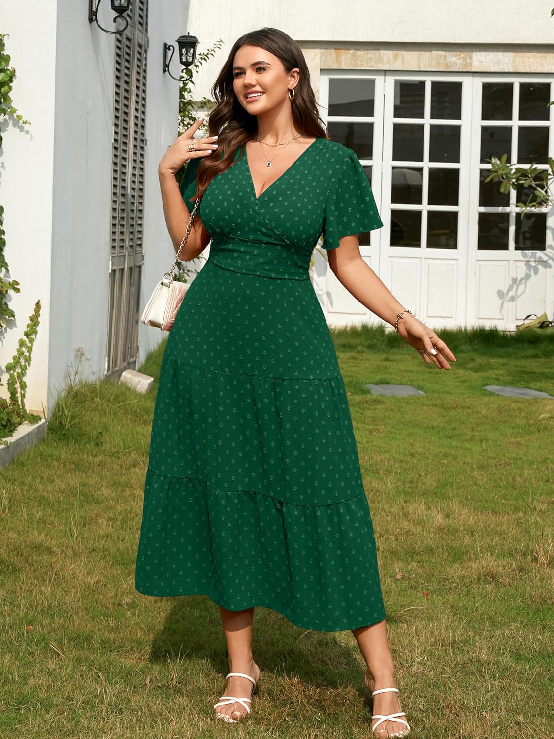 RWJ Women's Plus Size Wrap V Neck Dress Summer Short Sleeve Swiss Dot Empire Waist Casual Holiday Wedding Maxi Dresses - Image 8