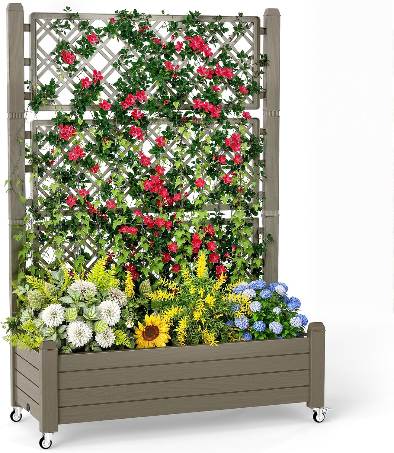 Elevated Raised Garden Bed with Trellis,Outdoor Large Resin Patio Planter Box with Lockable Wheels Drain Plug,Water Monitor for Plants Vegetables Flowers Fruits (Grey, 43.43 * 18.27 * 64.29)