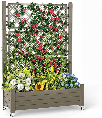 PatioZen Raised Garden Bed with Trellis, 21 Gallon Self Watering Planter Box with Lockable Wheels & Drainage Holes for Climbing Plants Vegetables Flowers, Anti-Rust Resin for Backyard Patio (Grey)