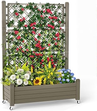 Elevated Raised Garden Bed with Trellis,Outdoor Large Resin Patio Planter Box with Lockable Wheels Drain Plug,Water Monitor for Plants Vegetables Flowers Fruits Grey, 43.43 * 18.27 * 64.29