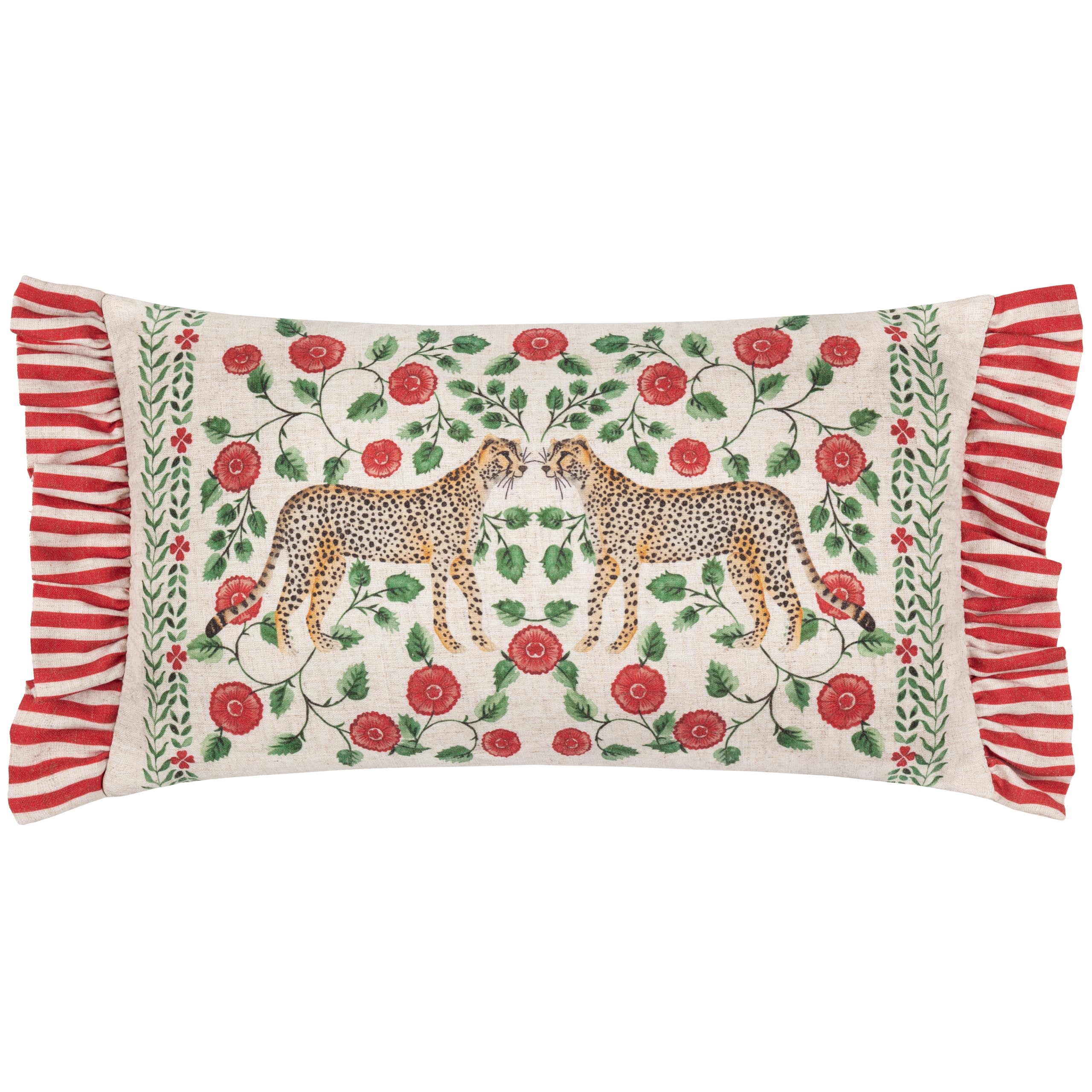 Furn. Linen/Red Wylder Tropics Okara Leopards Printed Ruffle Cushion Cover - 30X50cm
