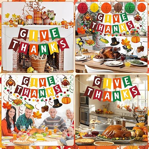 Miniatura 5 de Decoración de fiesta de Acción de Gracias, pancarta de agradecimiento con bolas de panal de abeja, pavo, calabaza, hojas de arce, espirales