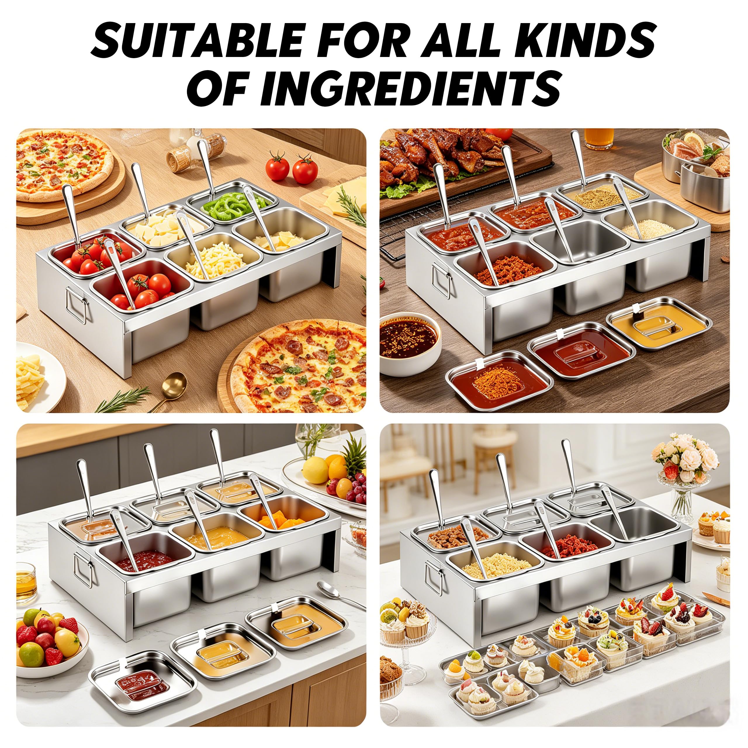 Station de garniture à pizza, récipient à ingrédients en acier | inoxydable avec couvercle et cuillère pour sauces, 6 compartiments, pour cuisine, restaurant et extérieur