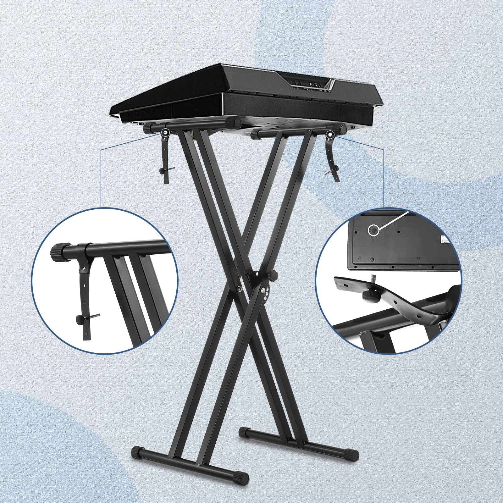 Soporte para Teclado, Adecuado para Teclado Electrónico 61 76 88, Marco Reforzado con Doble X, sin Ensamblar, 8 Alturas Ajustable con Correas de Seguridad y Goma Antideslizante, Piano Digital, Negro