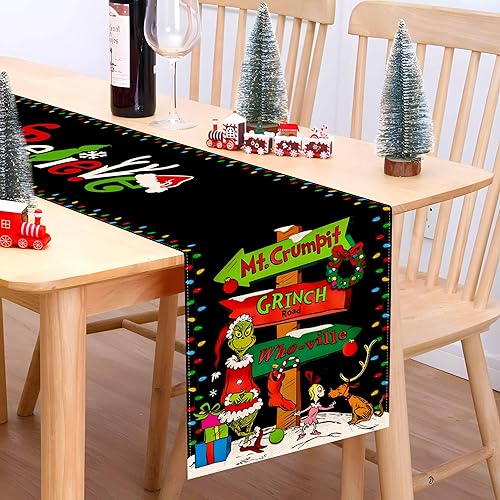 Miniatura 8 de Camino de mesa Grinchmas Feliz Navidad, vacaciones de invierno, fiesta temática, cocina, comedor, decoración del hogar (verde, 13 x 90 pulgadas)