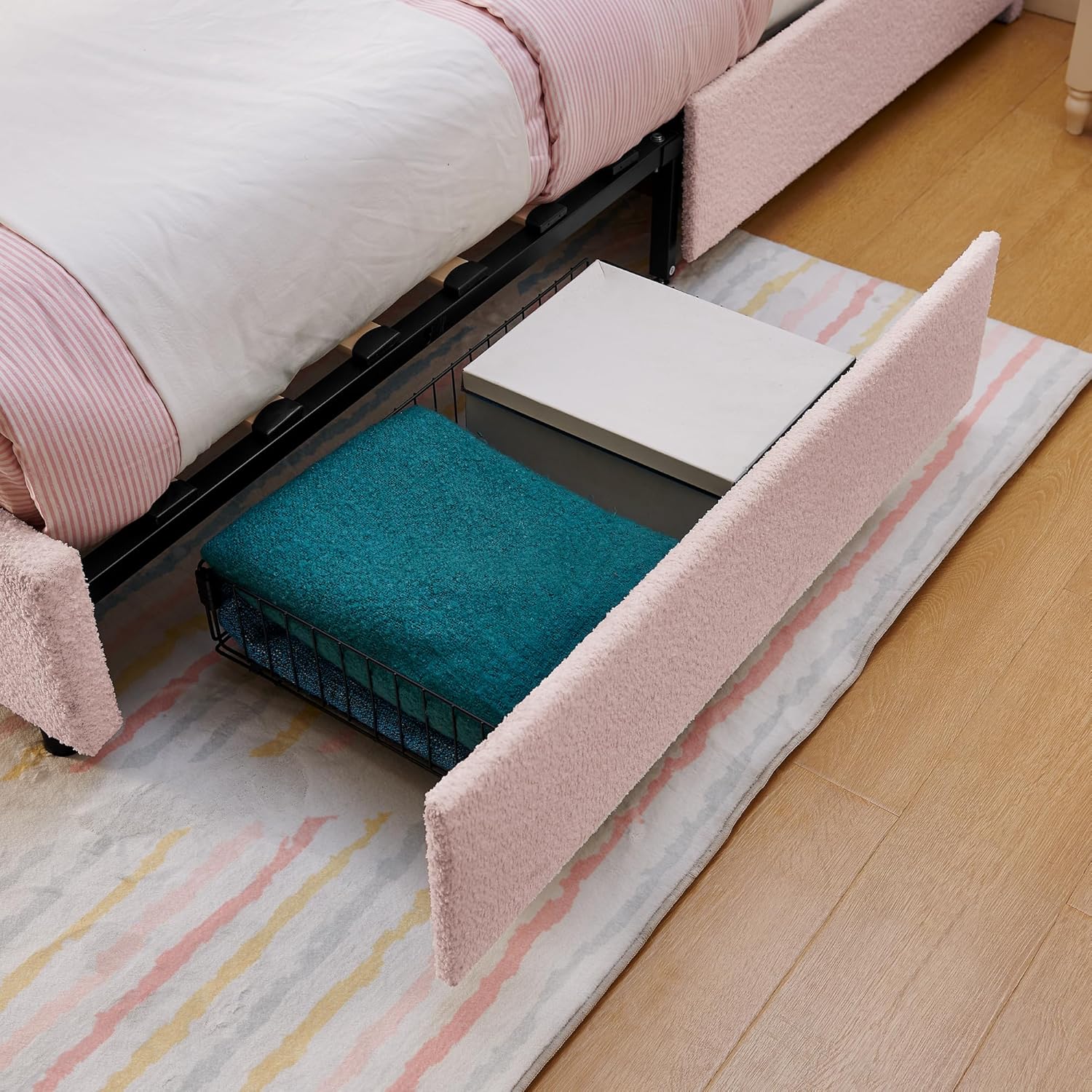 Queen Size Platform Bed Frame, Upholstered Bed Frame with Rabbit Ear Headboard, Boucle Montessori Beds with LED Lights & Bluetooth Music, for Bedroom, Apartment, Easy Assembly, Pink