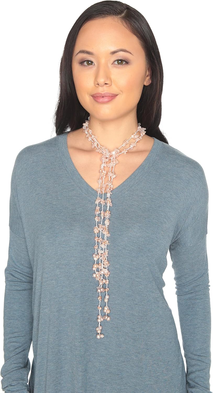HinsonGayle 2-Strand Gemstone & Genuine Freshwater Cultured Pearl Lariat Necklace (8 Color Styles)