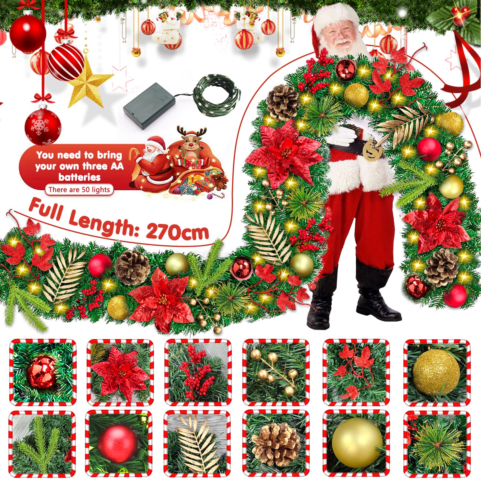 Guirnalda Navidad 270 cm Con Luces - Adorno Para Escaleras, Puerta, Arco y Ventanas