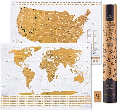 Scratch Off Travel Map World & United States National Parks 2 in 1 - Large 24x17 Quality Laminated Poster Paper - World & USA Wall Posters w/Flags, Art Coloring Pages & Scratch Tool - Traveler Gift