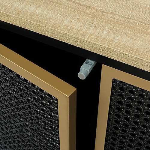 Miniatura 7 de Pvillez Aparador de buffet, armario de almacenamiento de cocina moderno con 2 puertas de ratán de hierro y base de metal, armario de cocina con