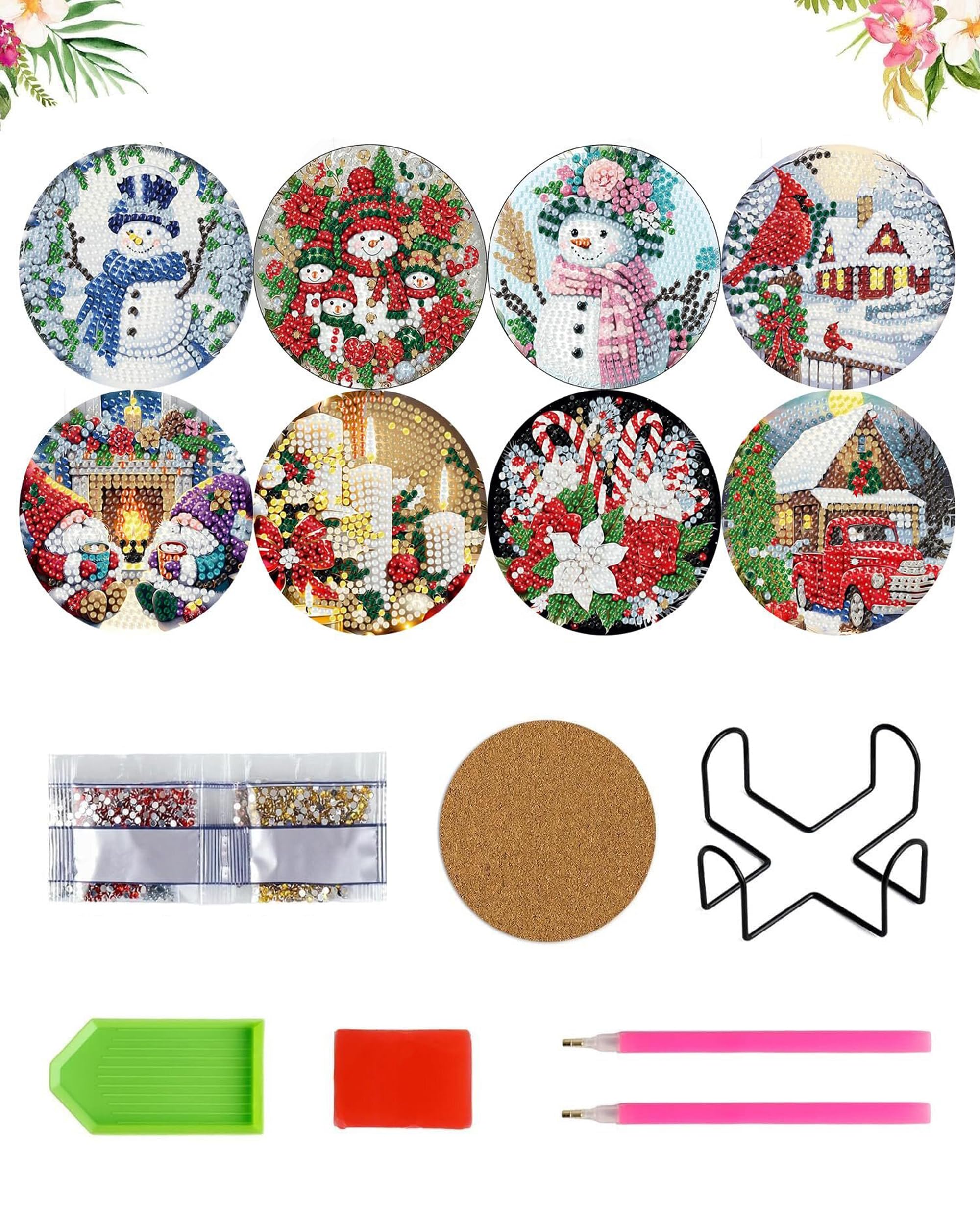 Mzinge Christmas-B 8 Pcs Christmas Diamond Art Coasters, 5D Diy Diamond Painting Coasters Kit,Full Drill Diamond Dot For Adultsarts And Crafts Supplies (Christmas-B)