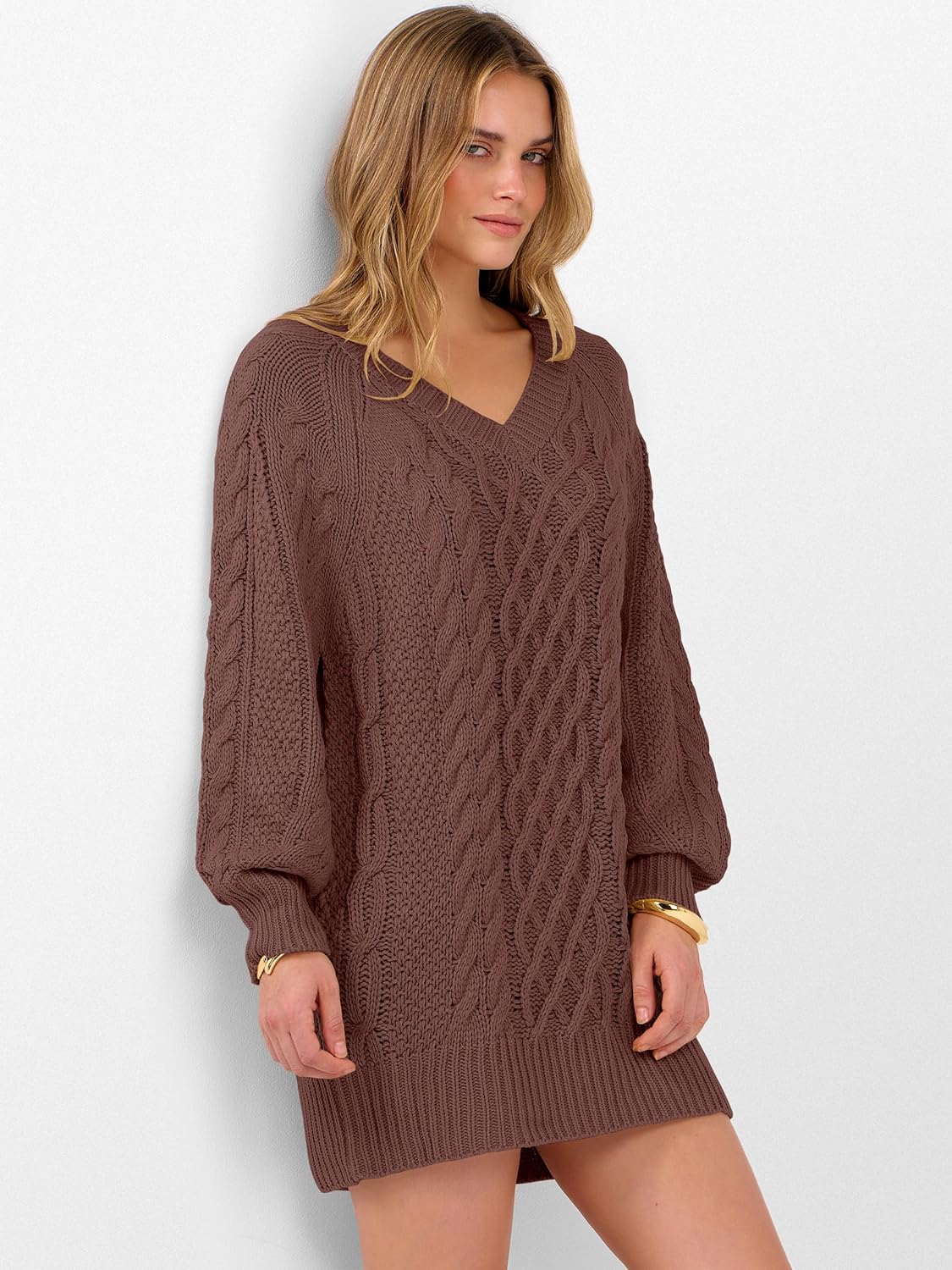 ANRABESS Womens Long Sleeve V Neck Oversized Cable Knit Mini Sweater Dresses 2025 Winter Fall Trendy Pullover Tunic Outfits - Image 6