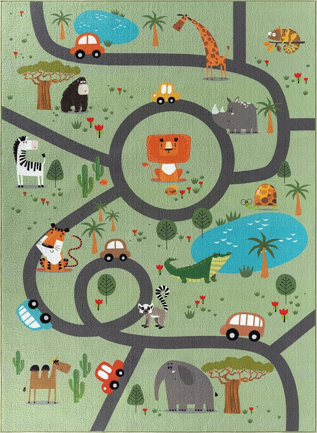 Mia´s Teppiche Joy Kids - Kinderzimmer, Kinderteppich, Spielteppich, Straßenteppich, Dschungel, Straße, Tiere, Grün, 160 x 220 cm