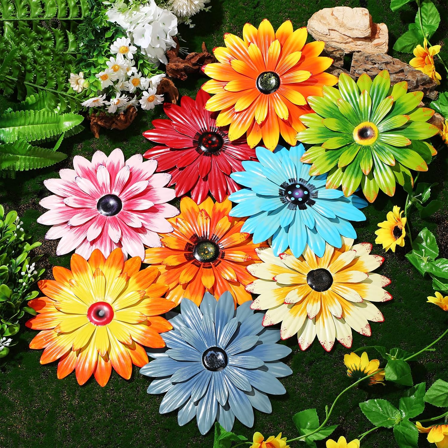 Therwen 9 Pcs Metal Flowers Outdoor Decor 3D Daisy Wall Art 8 Inch Multiple Layer Boho Hanging Large Rustic Wall Flower Decorations for Garden Fence Patio Living Room Home Farmhouse