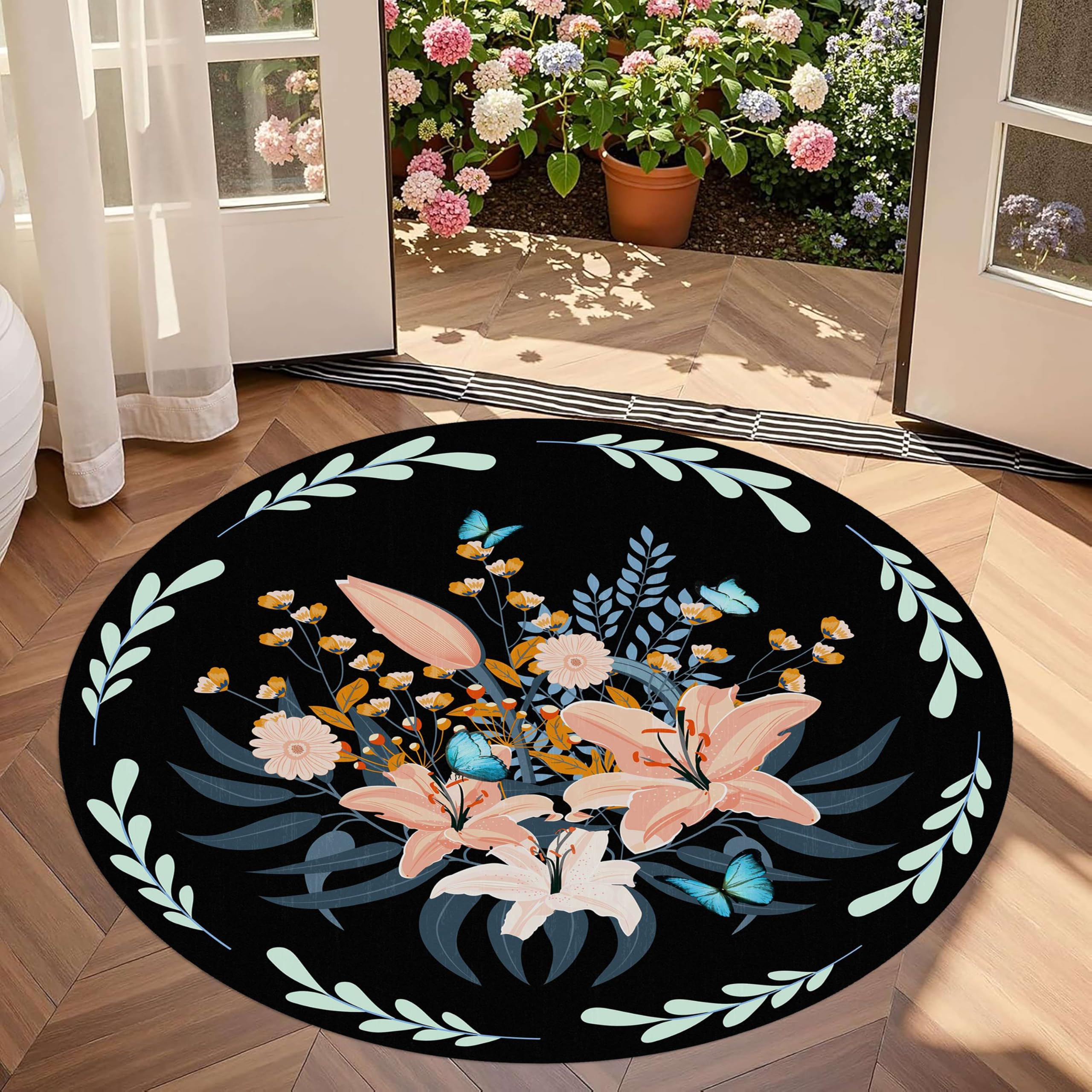 LHOMKCV Narcissus Floral Circle Rug, 180cm, Boho Colorful Flowers Leaves Butterflies Rustic Rugs, Stain Resistant Foldable Breathable Lounge Carpet for Bedroom Kitchen
